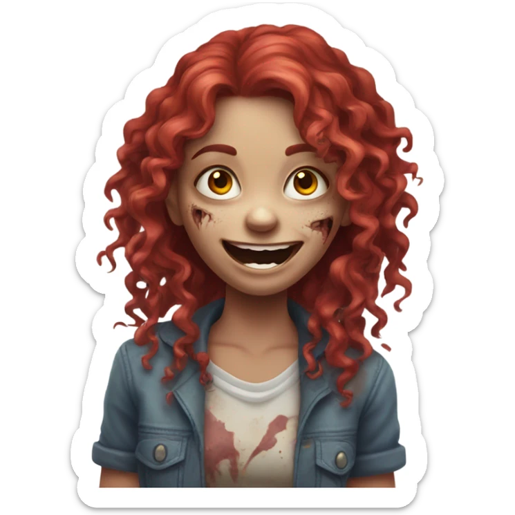 Happy zombie girl red long curly hair with both hands in the air sticker