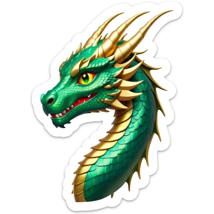 Cinematic Noble Dragon Portrait Emoji, Poised and majestic, with a sinuous, elongated build and shimmering, scale-covered skin in hues of emerald and gold, piercing, fiery eyes, Simplified yet sharp and sophisticated features, highly detailed, glowing with a mystical, radiant glow, high shine, intelligent and formidable, stylized with an air of ancient power, focused and attentive, soft glowing outline, capturing the essence of a watchful and legendary dragon that feels as though it could soar out of the screen with effortless authority! sticker