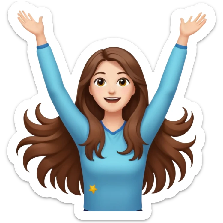 excited woman with long brown hair with arms raised above head with confetti and stars  sticker