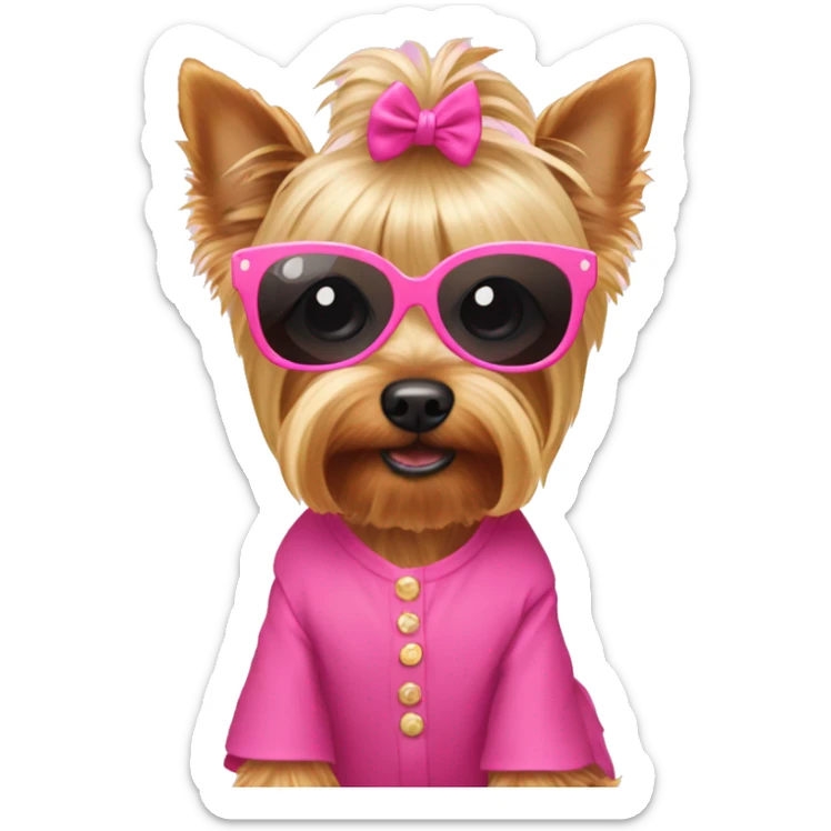 Blonde Yorkie wearing pink sunglasses and a pink dress  sticker