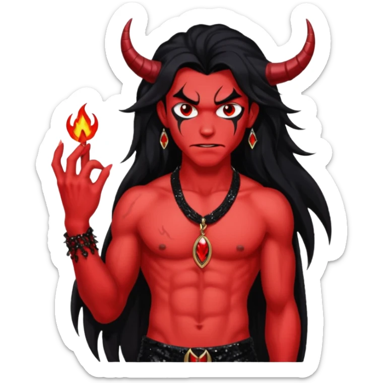 Satan with red skin, long black hair, black sequin baggy pants, shirtless with necklace sticker