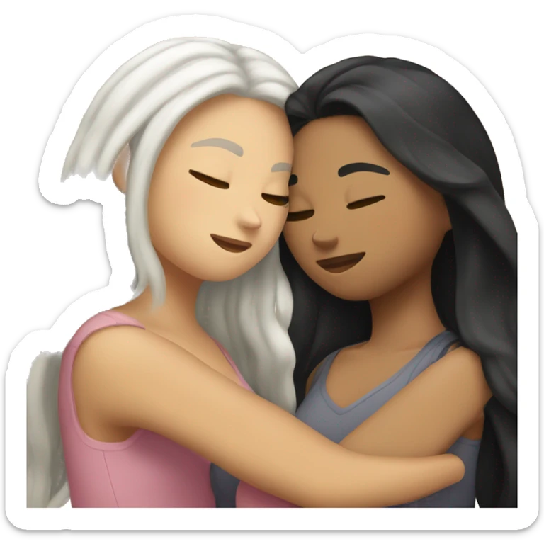 A lesbian couple who both have white skin and long black hair are hugging intimately. sticker