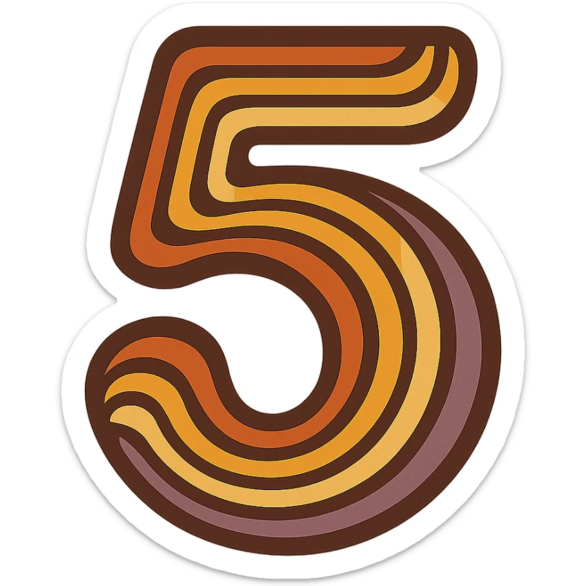 number 5 in retro 70s style, wavy lines, orange, yellow, brown, and purple color palette sticker