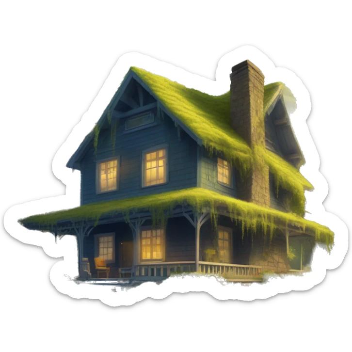  very very big Cabin near a big tree.  Thick moss growing on the roofs. The cabin thick grass fields. porch lights turned off. bright white interior lights turned on. guests sitting in chairs on the porch, flowers and bushes yellow and blue, near Scooby  sticker