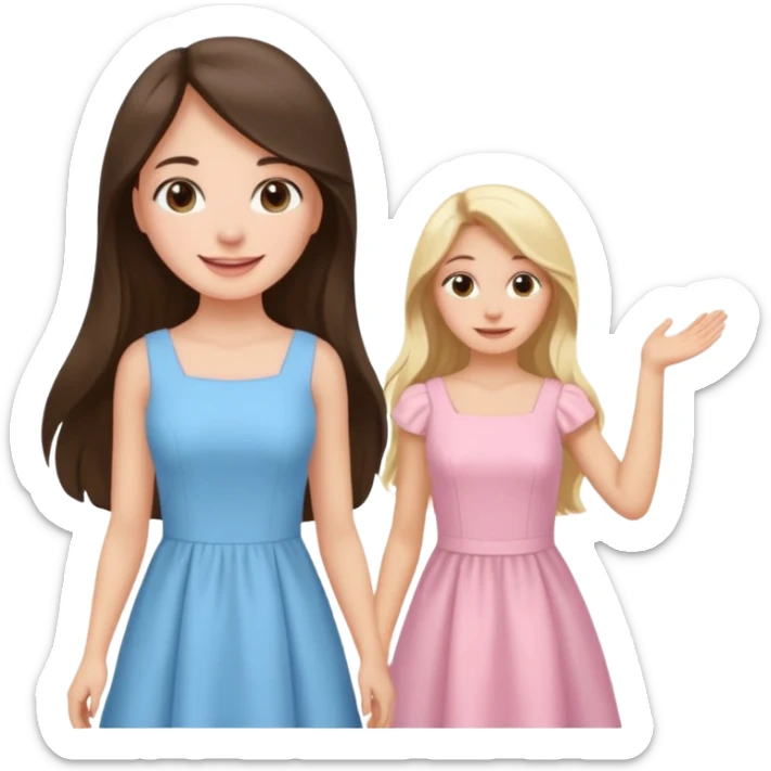 happy long hair brunette girl in light pink dress and blonde girl in light blue dress sticker