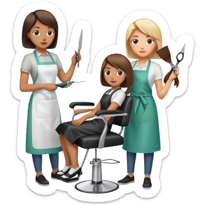 woman getting a haircut from a female hairstylist, client sitting in chair with apron, hairstylist standing behind holding scissors sticker
