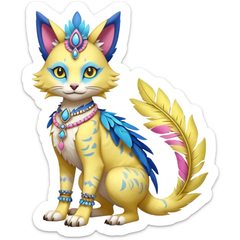 Kawaii cute yellow, blue, pink, exotic tribal beautiful pretty elegant divine edgy feline-vernid-sergal-Fakémon-Pokémon-Digimon-fursona-animal-creature with bracelet, necklace, full body, with intricate detailed markings, feather headdress  sticker
