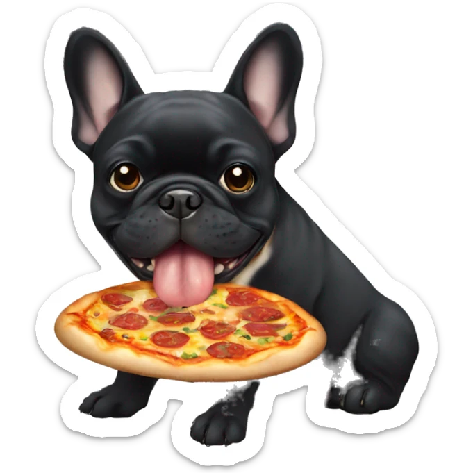 All black French bulldog eating pizza sticker