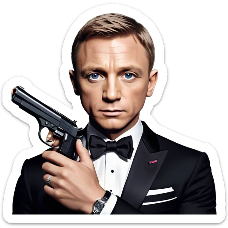 Cinematic Realistic James Bond Daniel Craig Portrait Emoji, depicted as the ultimate suave and enigmatic secret agent, donning a sharply tailored tuxedo, gripping a sleek handgun, with a piercing gaze that exudes confidence and danger. The scene is infused with moody, high-contrast cinematic lighting, evoking the thrilling world of espionage and intrigue. sticker