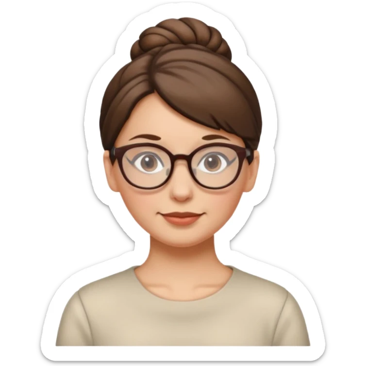 woman with brown hair in a bun and glasses, white European slightly older sticker