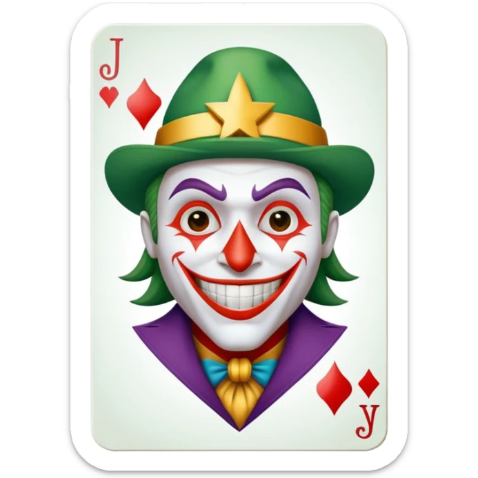 1 poker card, perfectly squared card, with crazy colorful human jolly joker inside, magic star symbol with a "J" sticker