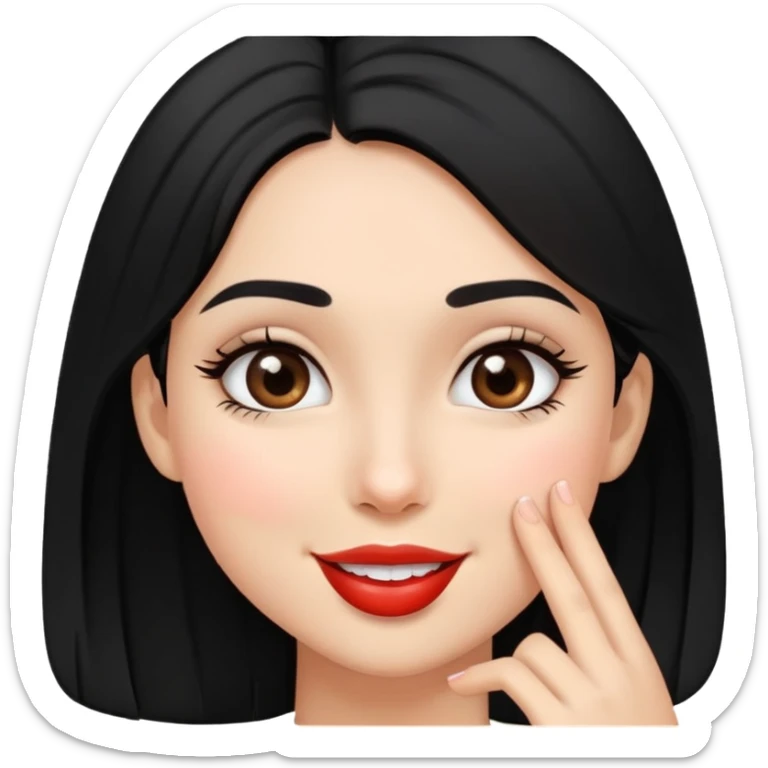 Girl with big dark brown eyes, with black hair. She is smile and gives kiss sticker