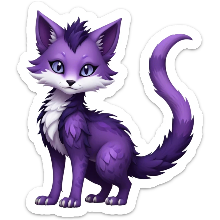 Kawaii dark purplish blackish edgy fantasy ethereal feline-vernid-sergal-fursona animal creature with a tufted tail full body with intricate markings  sticker
