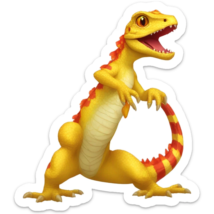 A Yellow Shiny Anthro-Scalie-Lizard-Reptile-Salamandrian-Fakémon with red stripes and orange frills Full Body sticker