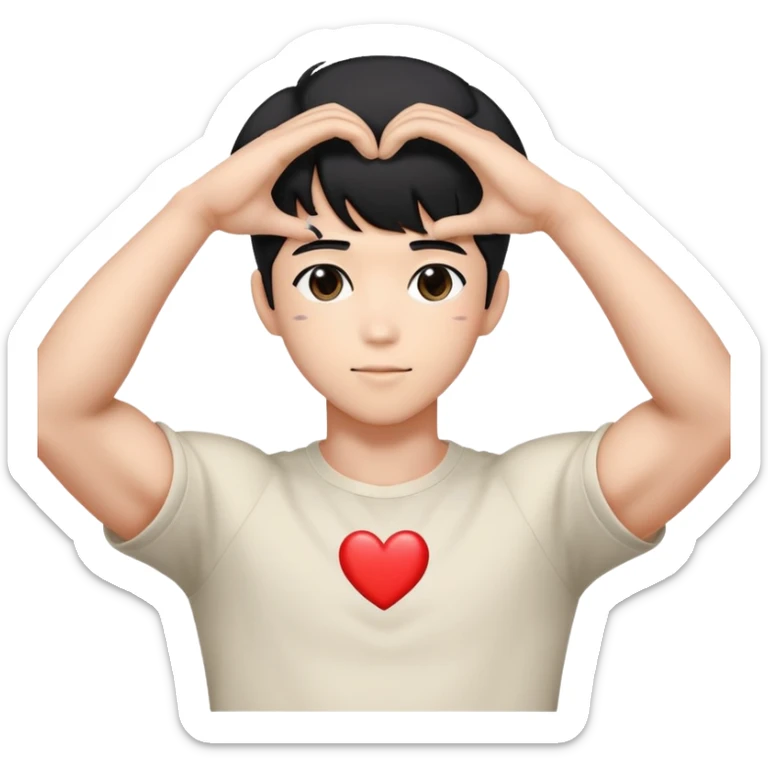 Black-haired male idol forming a heart shape with his arms above his head, arms curved to make heart outline, K-pop style sticker