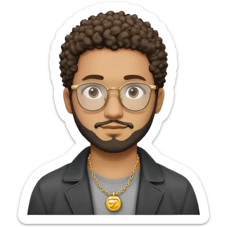 Hombre latino piel marron claro, cara ovalada, gafas redondas oscuras, barba corta, pelo corto rizado. Sonrisa leve, expresión tranquila. Camiseta gris, jacket negro abierto, collar dorado sticker