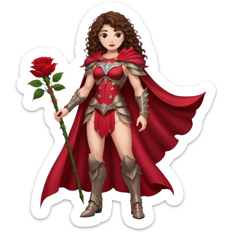 full body woman long curly brown hair brown eyes white skin tattoos muscular build rose thorn armor and petal cape sticker