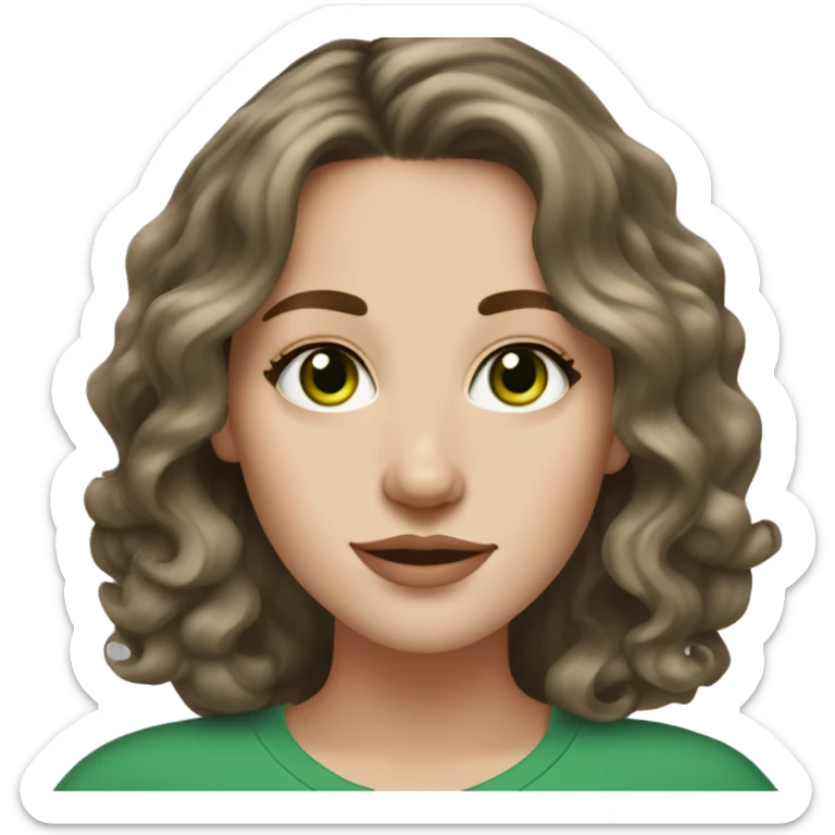 Brunette white girl with green eyes and medium length loose waves in hair and freckles on nose sticker