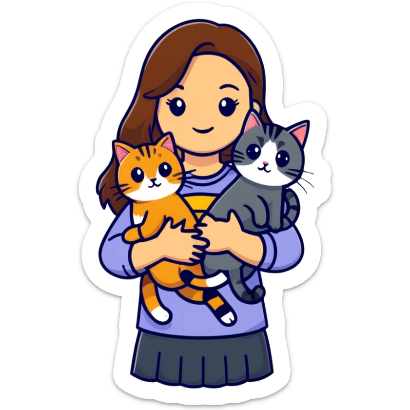 tan girl with long brown hair holding two cats, one black cat and one grey-striped cat sticker