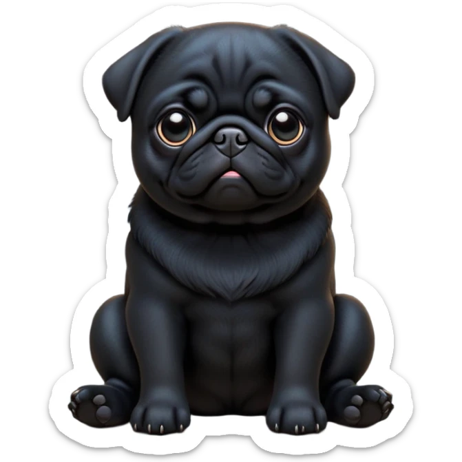 cinematic-[black pug]-realistic-full-body-sitting-emoji,-tail-resting-loosely-beside-its-paws,-head-tilted-dramatically, -sleek-[black]-fur,-simplified-yet-realistic-focused-features,-highly-detailed,-glowing-with-an-almost-sarcastic-glow sticker