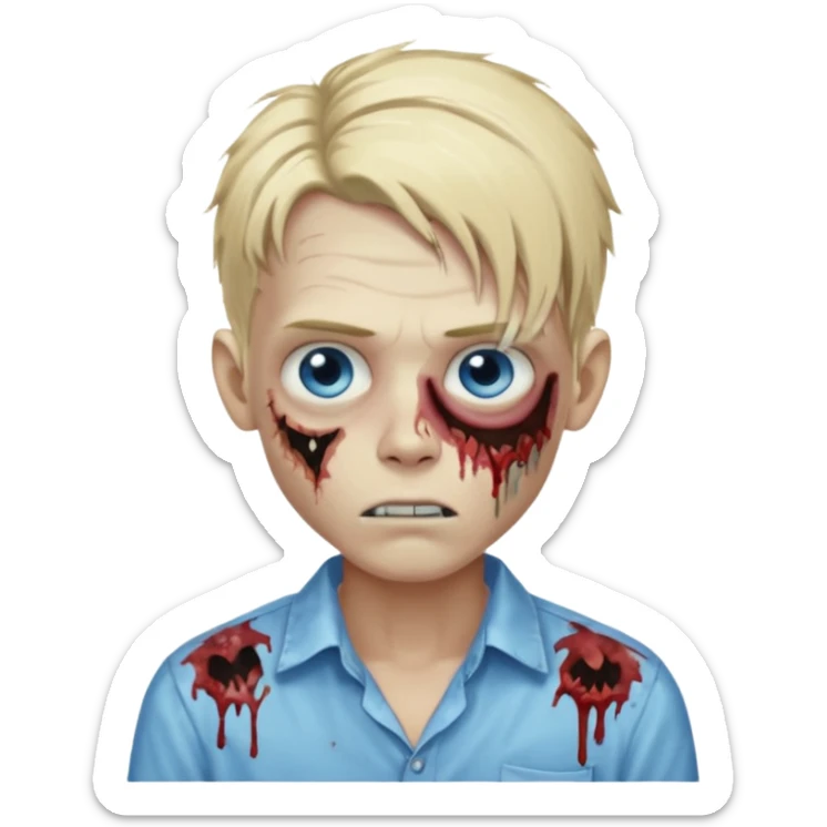 zombie boy with messy long blond hair blue eyes, designer shirt and hair pins sticker