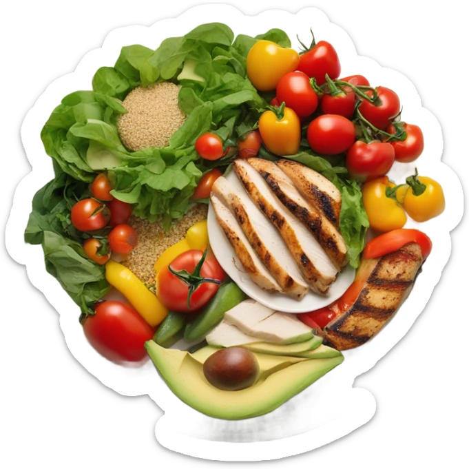 Look up on a large white round plate of healthy food sticker