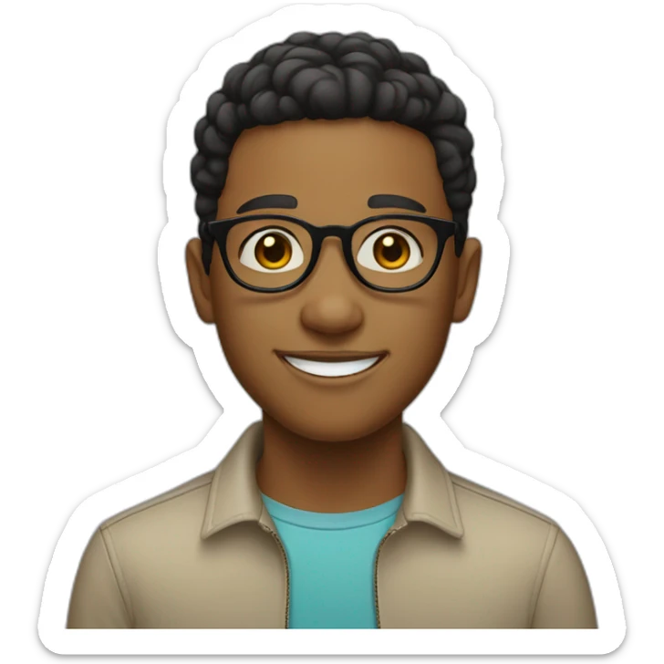 A boy with short hair and light skin wearing small black-rimmed round glasses smiling sticker