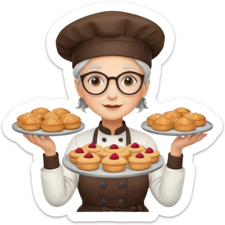 Older female pastry chef – round glasses, oven mitts on, holding a tray of pastries.

 sticker