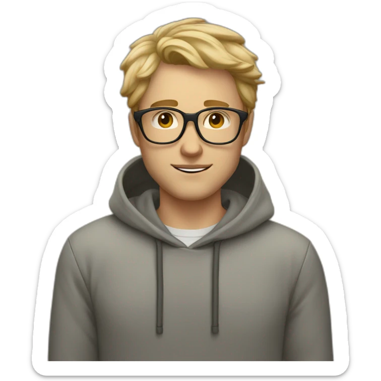 white male heart face dirty blonde tapered hair with clear glasses and hoodie sticker