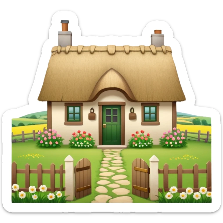 A countryside cottage with a thatched roof, wooden door, flowers around the house, green fields, peaceful rural scenery, natural lighting, detailed and realistic sticker