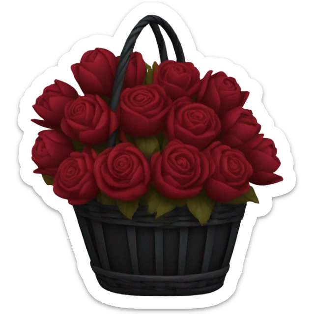 a large black basket of flowers consisting of dark red roses, peonies in shades of burgundy and tulips in shades of red sticker