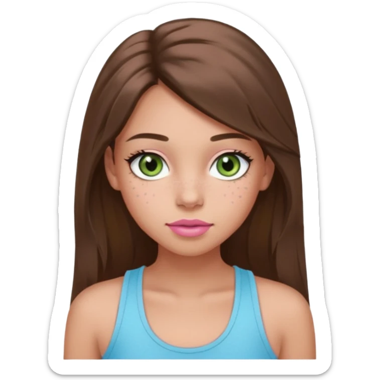 Create a teen girl wearing a light blue tank top. She will have long brunette hair, tan skin, pink lips, and grey-green eyes. She has long eyelashes. She also has light freckles  sticker