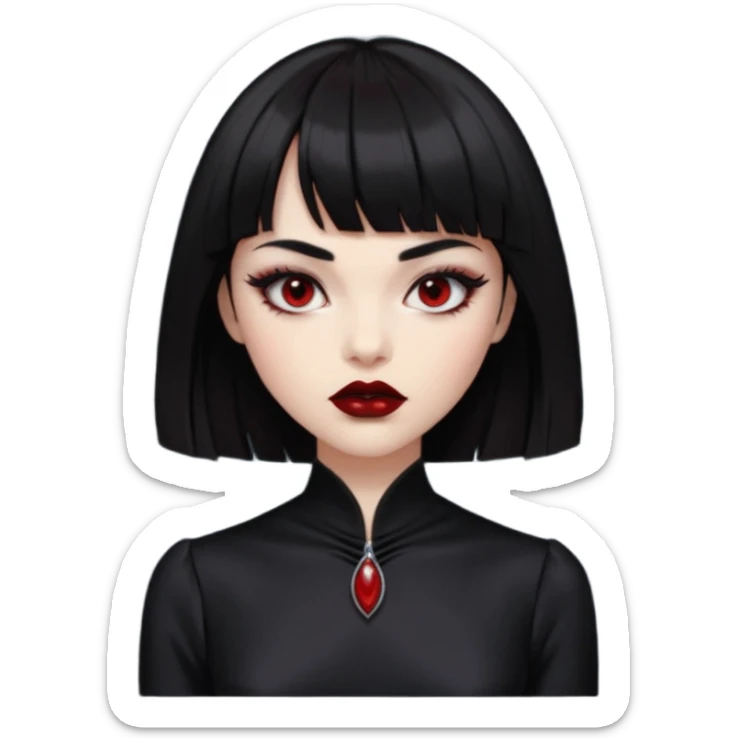 “Emoji girl, porcelain skin, sharp eyeliner, vampy deep red lips, straight jet-black hair with bangs, intense eyes, wearing black silk dress.” sticker