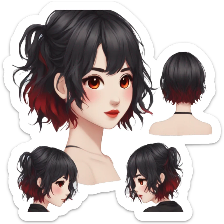 Gorgeous anime style lady with blushing face aesthetic and pretty edgy black red punk hair with hair garment trending style sticker