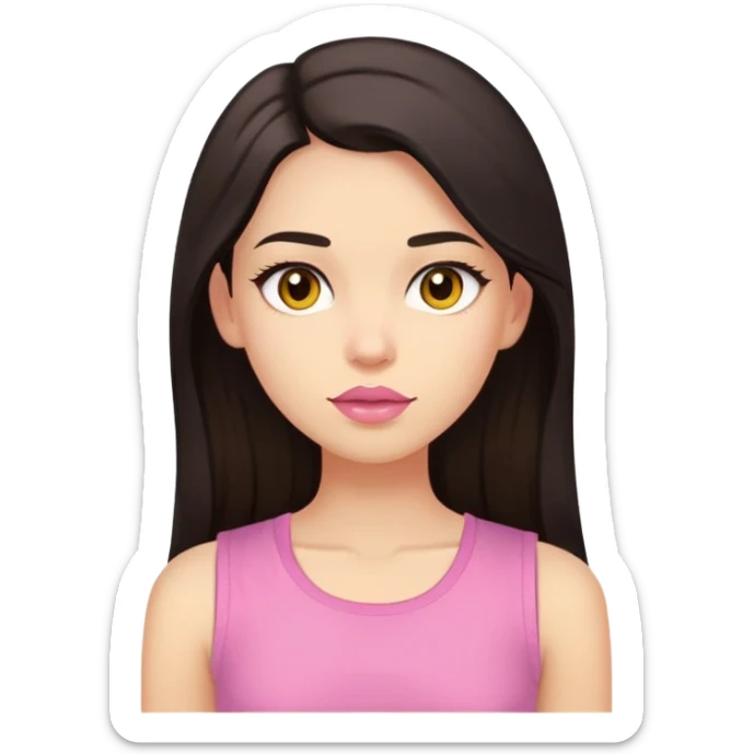 Create image that look like the girl in the photo. The girl has to have long dark hair, dark brown eyes, light skin color, medium sized pink lips, light yellow tight sleeveless shirt sticker