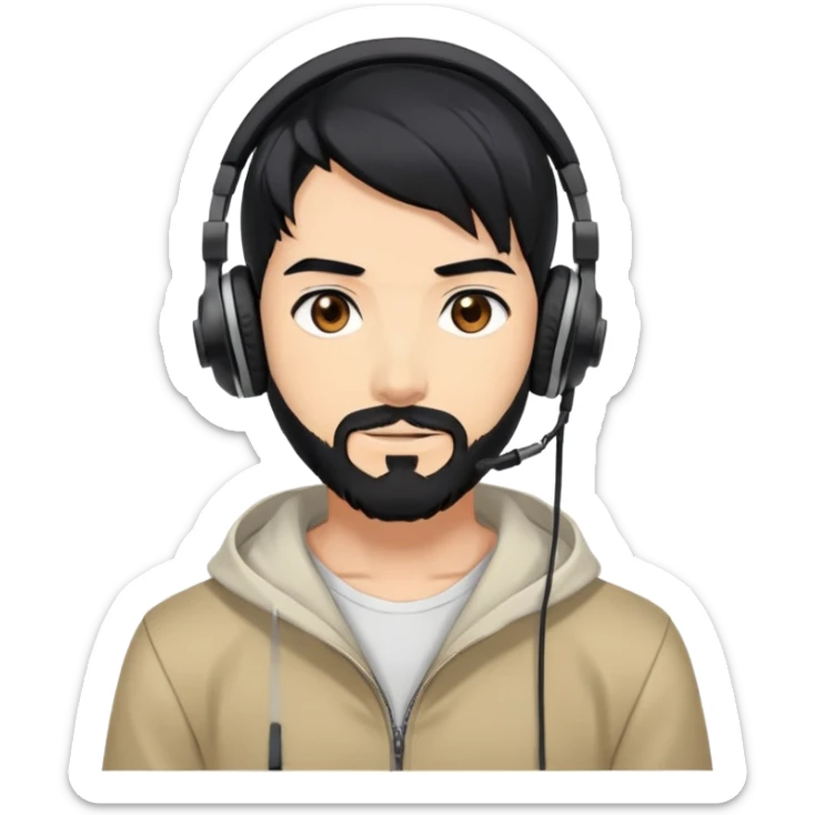 Anime-style man with black hair, brown eyes, black beard wearing gaming headphones, anime character design sticker