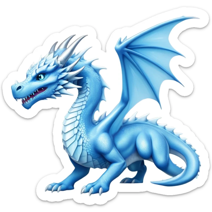 Cinematic Noble wise elegant Ice Dragon full body  Emoji, Poised and imposing, distinct long elegant snout, with a slender, scaled body shimmering in glacial hues of icy blue, frostbitten silver, and crystalline white, breathing out frost, with piercing, glowing ice blue white eyes that radiate the chilling depths of an arctic storm; rendered in detail. excuding wisdom sticker