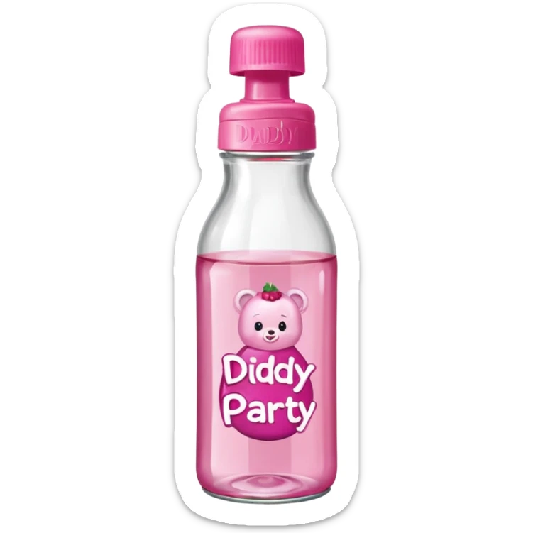 realistic baby oil style bottle pink cap pink logo clear bottle with berry logo with diddy party written and a berry on top bottle sticker