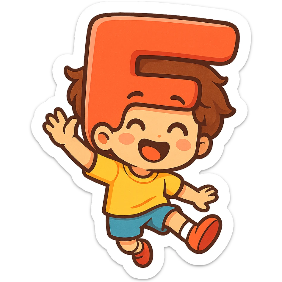 a playful and cartoonish kid with a head shaped like the letter F, colorful, expressive, cute, friendly, whimsical style sticker