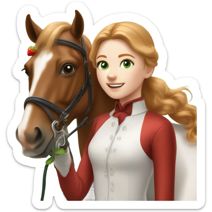 Extremely attractive and feminine white teen girl with green eyes and medium length strawberry blonde hair wearing traditional English riding gear giving a treat to a brown and white paint horse sticker