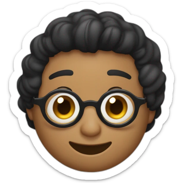 Hombre de pelo negro, ojos negros, piel trigueña, pelo corto peinado hacia la derecha, lentes negros para la vista, sonrisa alineada, luna en la parte i quina de la nariz sticker