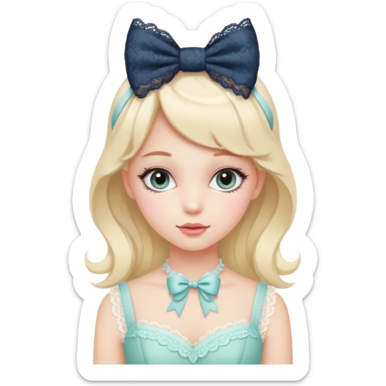 coquette girl, soft pastel colors, bows, lace, feminine, cute sticker