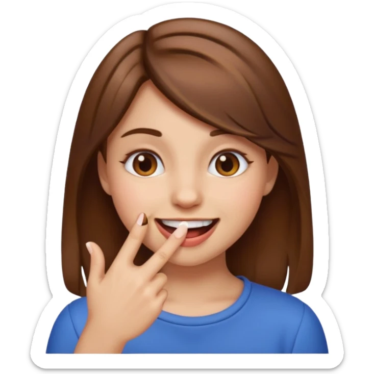 girl emoji, brown hair, smiling, biting tip of finger sticker