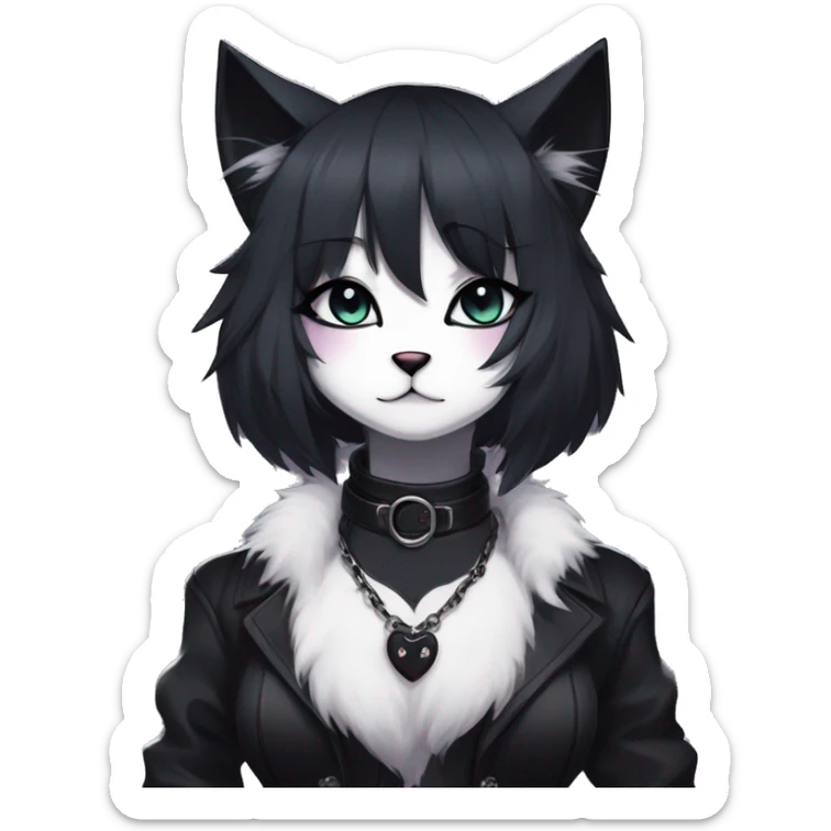 Gorgeous furry gothic dark techwear anime style anthro black cat furry sona with blushing face aesthetic and pretty edgy black with collar and harness trending style sticker