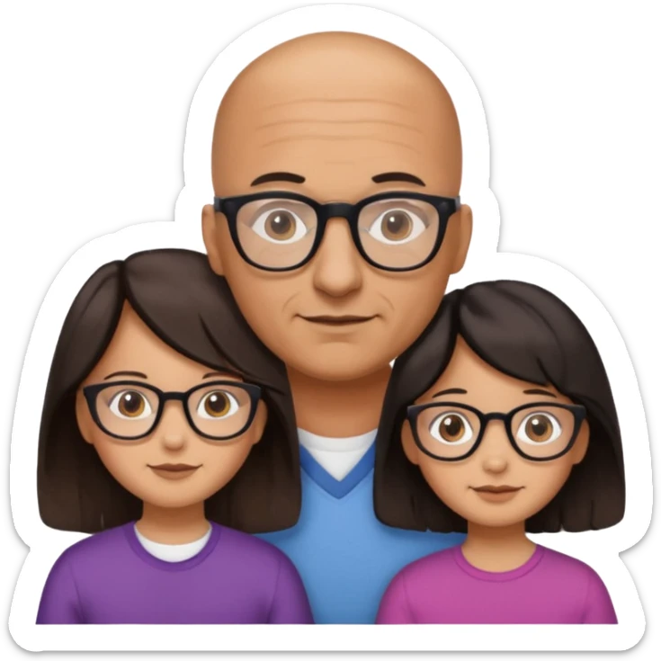 Papà calvo con occhiali, mamma capelli neri occhi marroni no occhiali, figlia capelli marroni mossi e occhiali tartarugati con montatura spessa occhi marroni, figlia capelli lisci marroni occhiali neri con montatura grande e fina occhi marroni  sticker