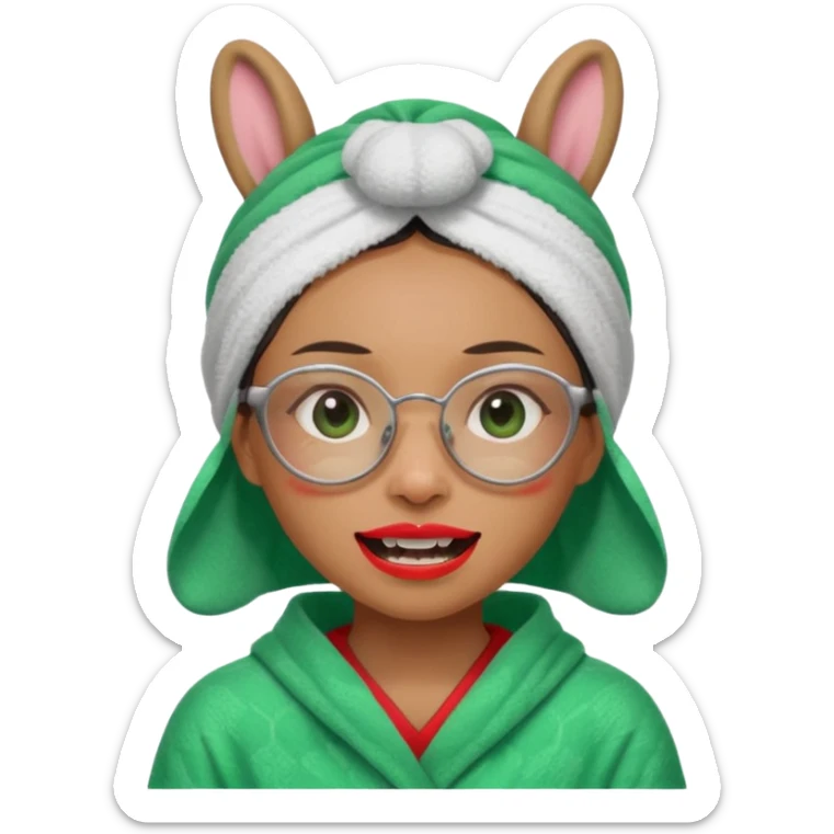 Asian woman who has a big rabbit front teeth wearing a green towel in her head with a broken glasses on her face in red pajamas sticker