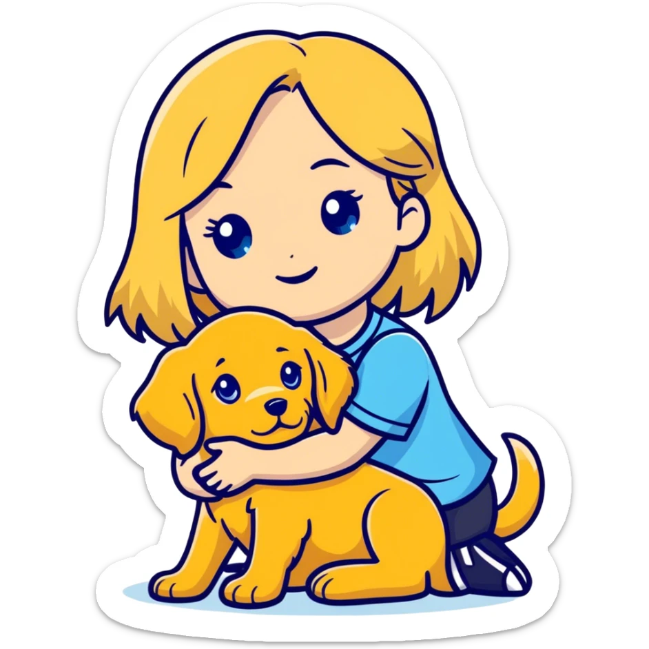 a blonde haired girl with blue eyes and she is holding a golden retriever puppy  sticker