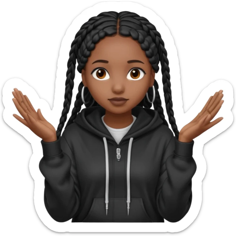 African American dark skin girl with long black box braids wearing a black hoodie with hands together facing out sticker