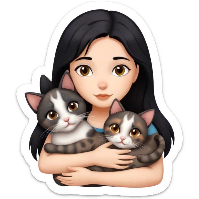 girl with black hair hugging three cats  (torti cat, gray cat, brown calico cat) sticker