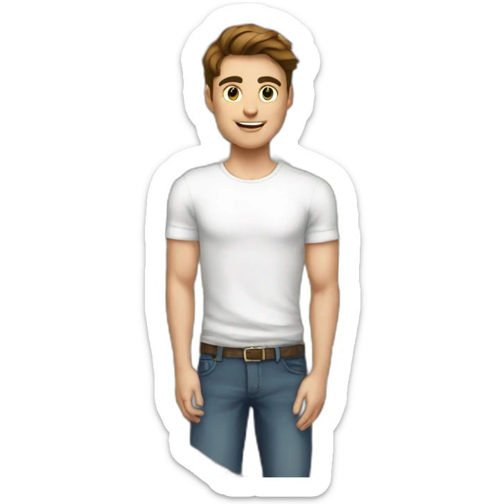 A young fit man with a white shirt with forward Brown hair and beige skin and with money in his hand sticker